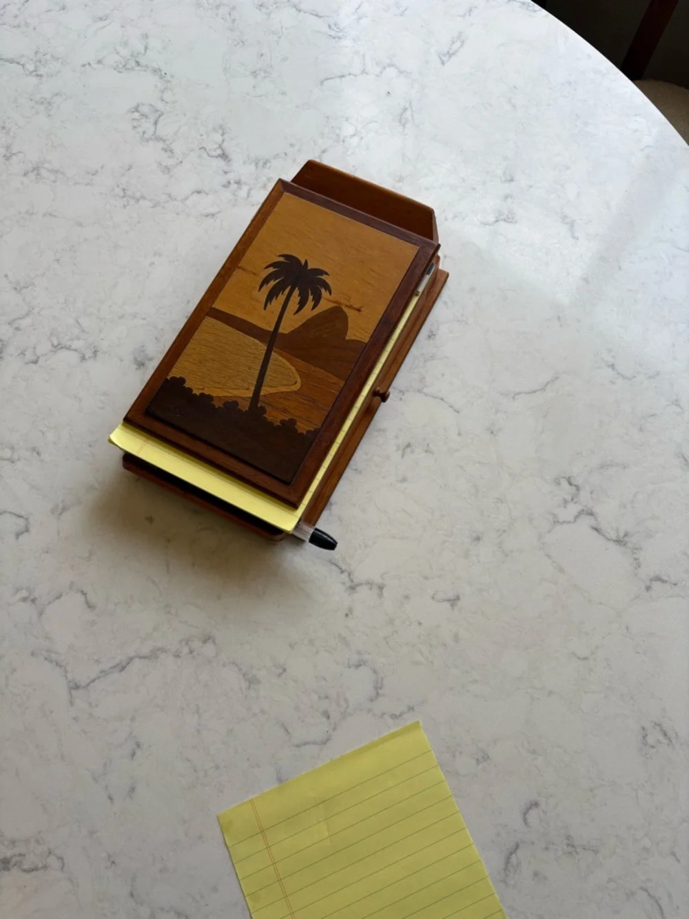 Vintage MCM Wooden Palm Beach Notepad Holder with Pen - Brown